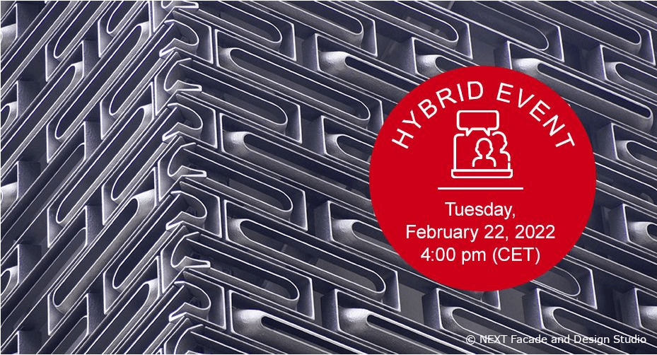 "Next Facade Studio hybride Veranstaltung mit Experten und Publikum vor Ort und virtuell am 22.02.2022 - Vorderansicht des Bühnenbereichs mit Mikrofonen und Bildschirmen.