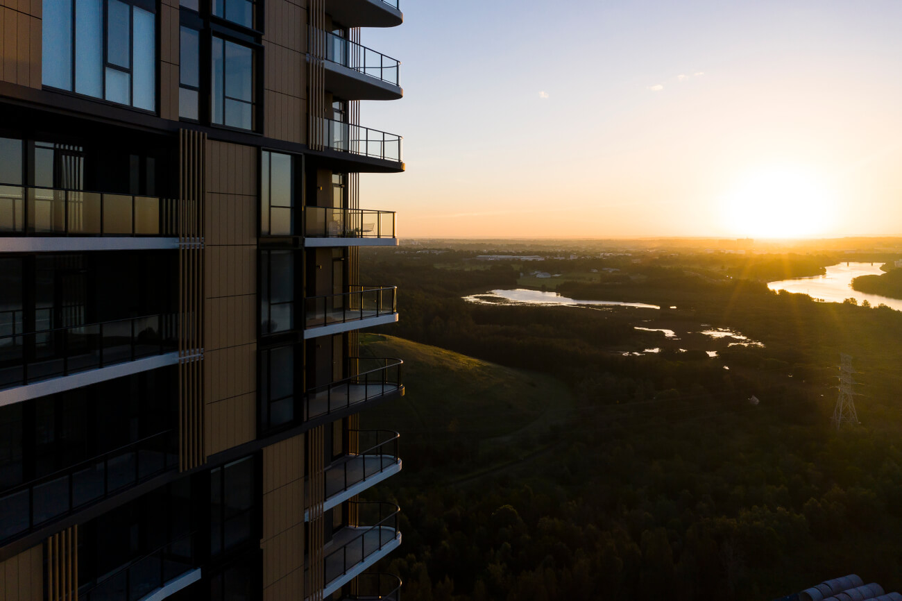 Sanctuary Ceramic Facade at Sundown captured by Drone - Tonality Facades Reference in Australia