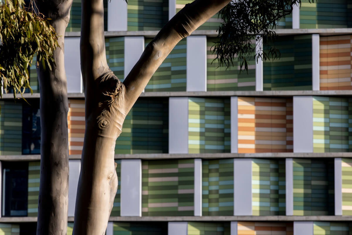 Terracotta facade in architect Turner's Coljames student housing building, featuring high-quality ceramic materials
