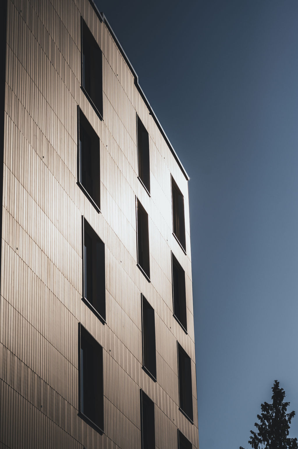 Keramikfassade des Baerahus in Feldkirch mit vertikalen Linien und großen Fenstern, fotografiert im Sonnenlicht gegen den blauen Himmel