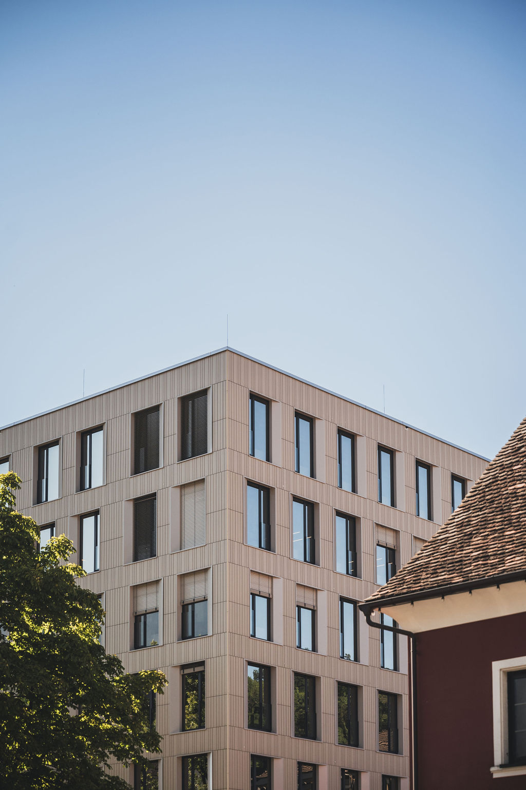 Keramikfassade des Baerahus in Feldkirch mit vertikalen Linien und großen Fenstern