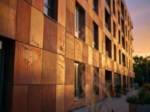 Modern building facade with textured terracotta panels in warm sunlight, showing natural thermal insulation properties