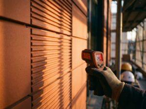 Construction worker measuring terracotta facade panel temperature with infrared thermometer in warm sunlight at building site.