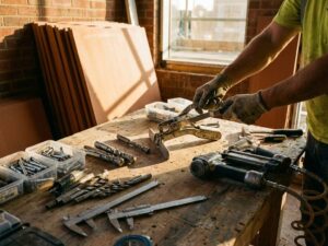 Construction worker's weathered hands holding terracotta panel lifting tool on workbench with installation equipment and drill bits