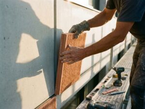 Construction worker installing terracotta panel on modern building facade with tools on scaffold platform