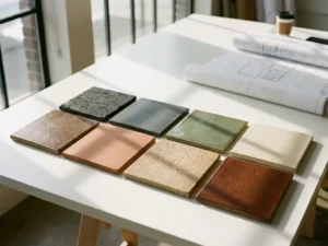 Eight ceramic facade tile samples in earth tones arranged on white architect's desk, showcasing textures from smooth charcoal to terracotta.