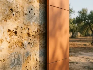 Weathered limestone wall beside smooth terracotta ceramic panel in warm afternoon sunlight, showcasing textural contrast