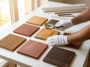 Gloved hands examining terracotta ceramic facade samples with magnifying glass on white architect's desk in natural light