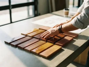 Architect's hands examining terracotta ceramic facade tiles in various earth tones on concrete table with natural lighting