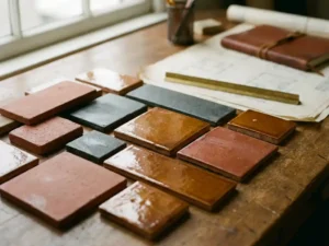 Terracotta ceramic facade tiles in earth tones with matte rust to glossy amber glazed finishes on architect's desk