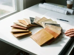 Terracotta ceramic facade tiles arranged in fan pattern on white architect's desk, showcasing warm rust to pale clay tones with natural lighting and soft shadows.