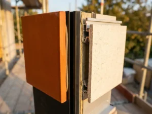 Close-up cross-section of terracotta ceramic tile and fiber cement panel building facade samples mounted on aluminum profiles, showing contrasting textures and materials