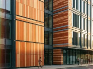Modern office building facade with terracotta ceramic panels in vertical and horizontal geometric patterns, warm earth tones highlighted by natural daylight.