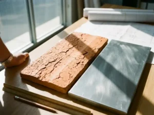 Weathered terracotta ceramic panel and sleek zinc metal cladding sample on architect's desk with natural sunlight highlighting contrasting textures