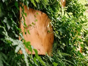 Terracotta ceramic facade panel integrated with ivy and ferns in living wall, showcasing natural earth tones against vibrant green vegetation