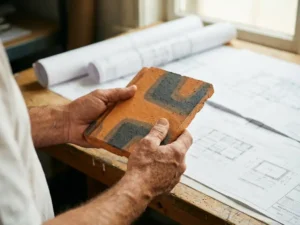 Architect's hands holding terracotta facade tile sample above blueprints and technical drawings on wooden drafting table