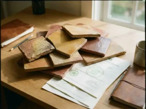 Terracotta ceramic facade tiles in earth tones arranged on architect's desk with green building certification documents