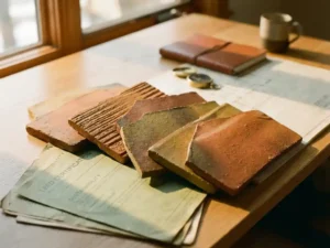 Terracotta ceramic facade tiles in earth tones arranged on architect's desk with LEED certification documents and natural lighting