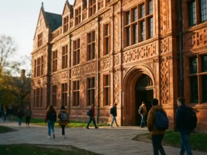 Grand university building with terracotta ceramic facade panels in burnt orange and clay red, students walking on stone pathways below.