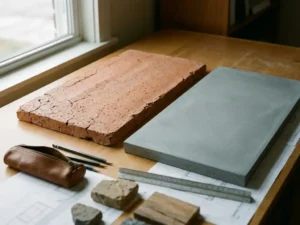 Weathered terracotta and smooth GFRC panels on architect's drafting table with scattered tools, natural window light highlighting surface textures
