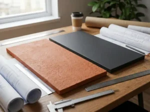 Terracotta ceramic panel and dark HPL panel on architect's desk with technical drawings and measuring tools in natural light