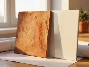 Terracotta and porcelain facade panels on architect's desk with blueprints, showing textural contrast between materials