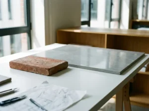 Terracotta ceramic tile and grey porcelain slab displaying contrasting textures and colors on white architect's desk