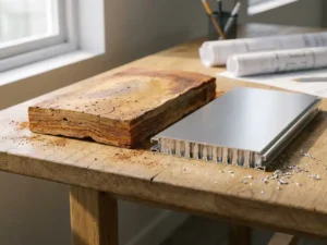 Weathered terracotta tile and aluminum panel with cross-sections on oak workbench, clay dust and metal shavings scattered around