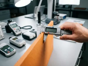Precision caliper measuring terracotta ceramic facade tile on laboratory workbench with hardness testers and color meters
