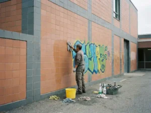 Hausmeister reinigt frische Graffiti von einer Keramikfassade einer Schule mit feuchtem Tuch, Reinigungsmittel auf dem Boden.