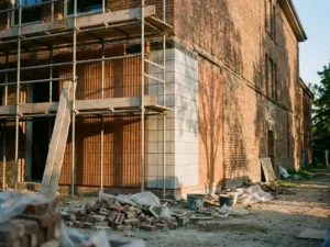 Saniertes Schulgebäude mit moderner Terrakotta- und Graukeramikfassade, teilweise freigelegt von Baugerüsten, im Nachmittagslicht.