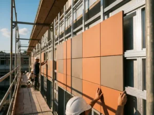 Schulgebäude in Renovierung mit keramischen Fassadenplatten auf Aluminium-Unterkonstruktion, Gerüst und blauem Himmel im Nachmittagslicht.