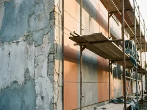 Schulgebäude-Fassade im Umbau: verwitterter Beton geht nahtlos in moderne Keramikfliesen über, Gerüst sichtbar, warmes Nachmittagslicht.