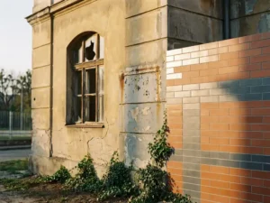 Verwitterte Schulhausfassade mit Rissen und verblasster Farbe neben makelloser Keramikwand in Terrakotta und Grau, Efeu am Sockel, goldenes Nachmittagslicht.