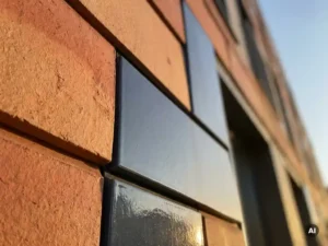 Keramikfassade mit rauer Terrakotta-Textur und glatter Schiefergrau-Oberfläche im goldenen Abendlicht, Nahaufnahme von unten.
