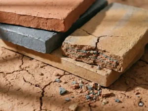 Gestapelte Keramikfassadenplatten aus Westerwald-Ton mit aufgebrochener Platte, die verdichtete Tonschichten zeigt, umgeben von recyceltem Keramikaggregat.